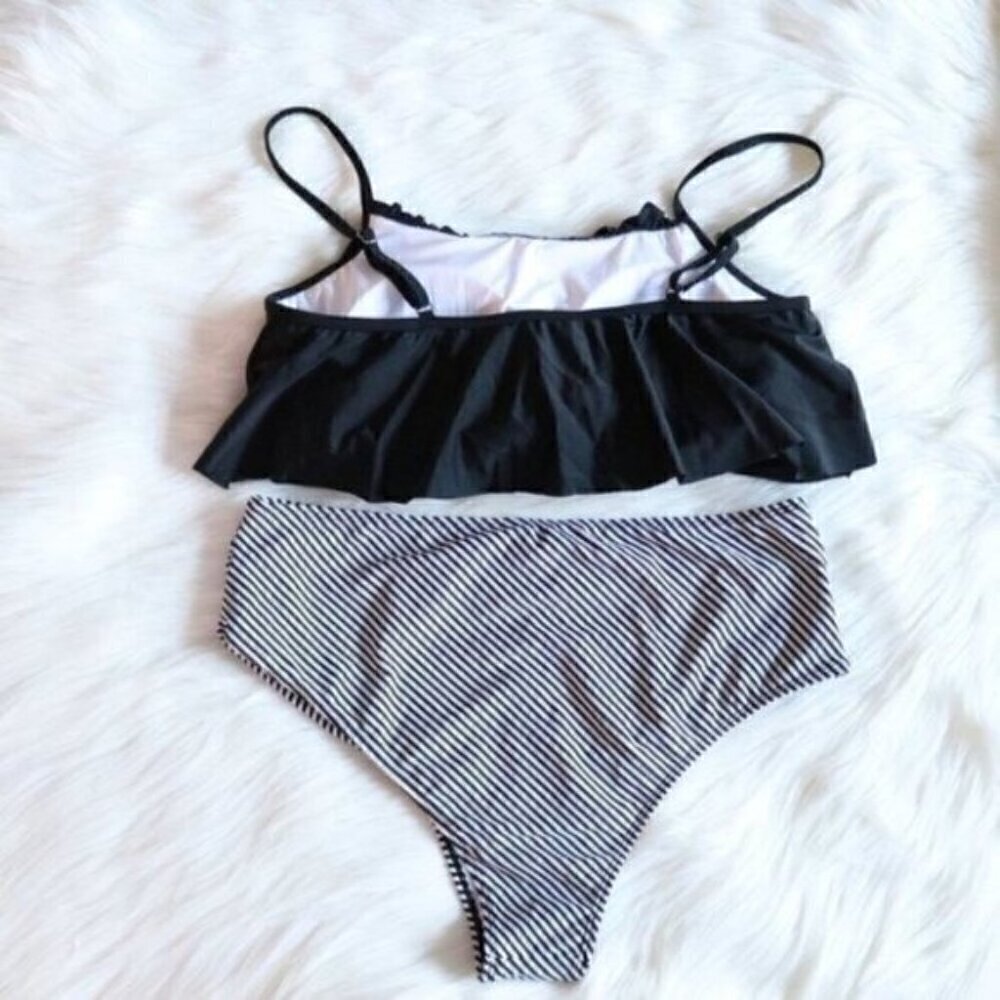 NEW Black White Tankini Bathing Suit Set Size 1X Stripe High Waisted Plus Size - Picture 6 of 8